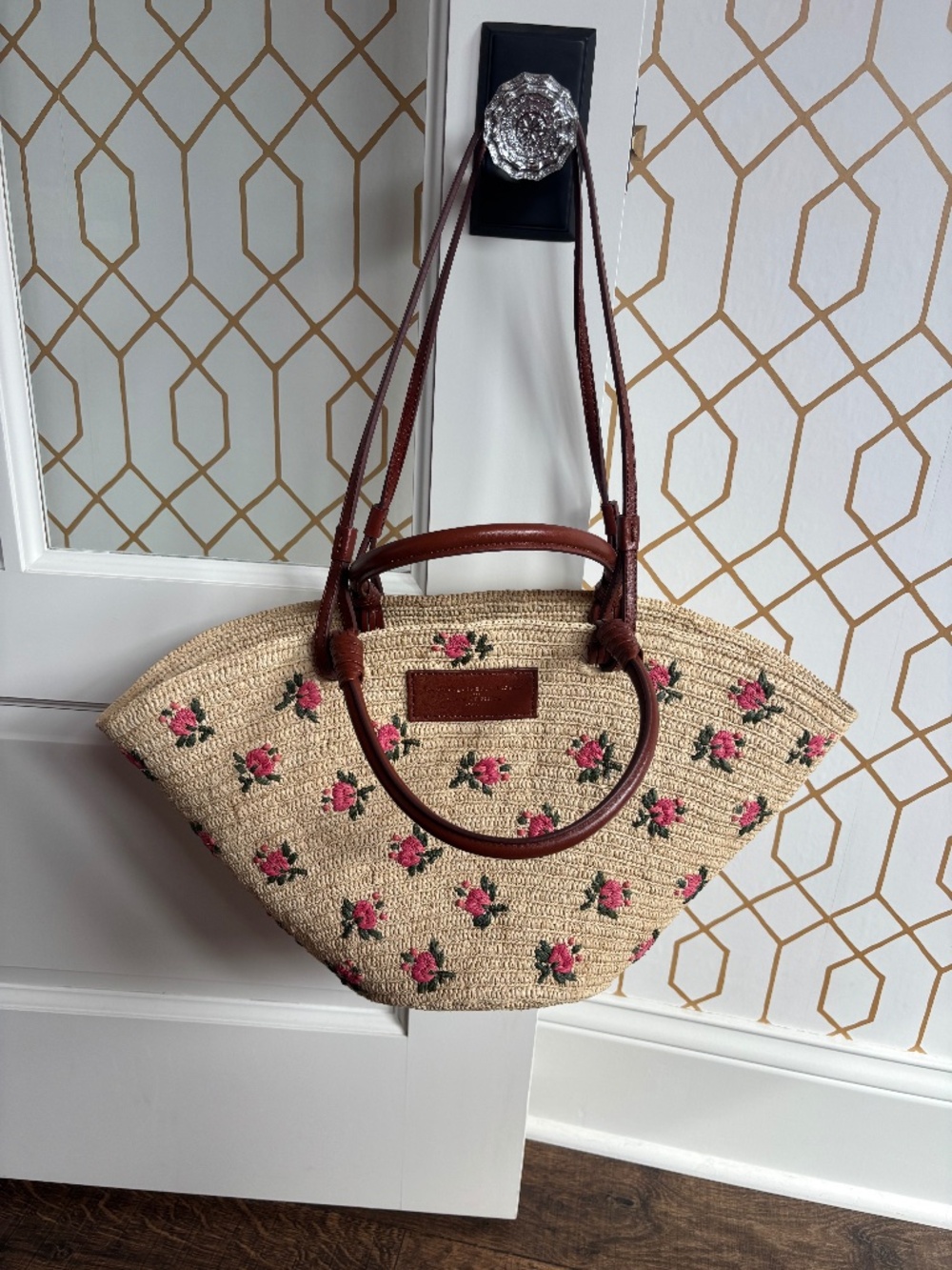 Sezane Justine Basket Bag Embroidered Pink Flowers Raffia - Size TU